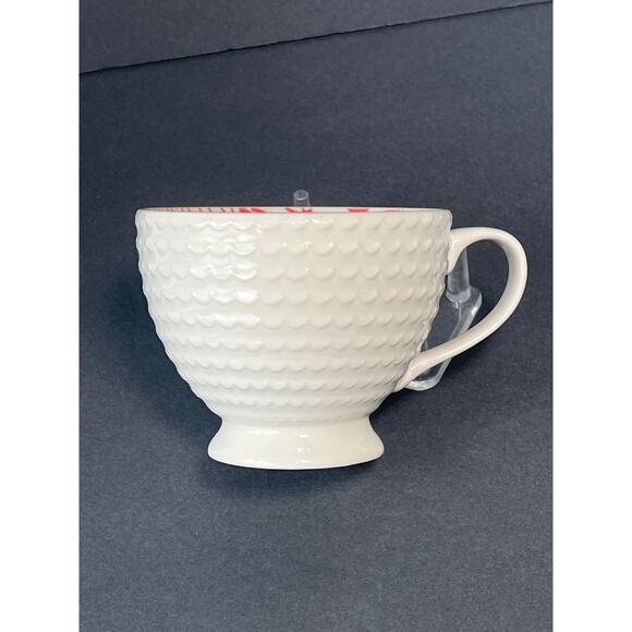 Embossed Mug White Red Geometric Pattern Inside Scalloped Footed Coffee Cup - Picture 6 of 7